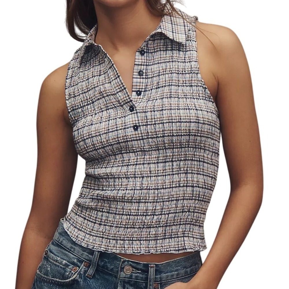 NWT Anthropologie PILCRO Plaid Smocked Top  Button Front Collared XL Stretch $88